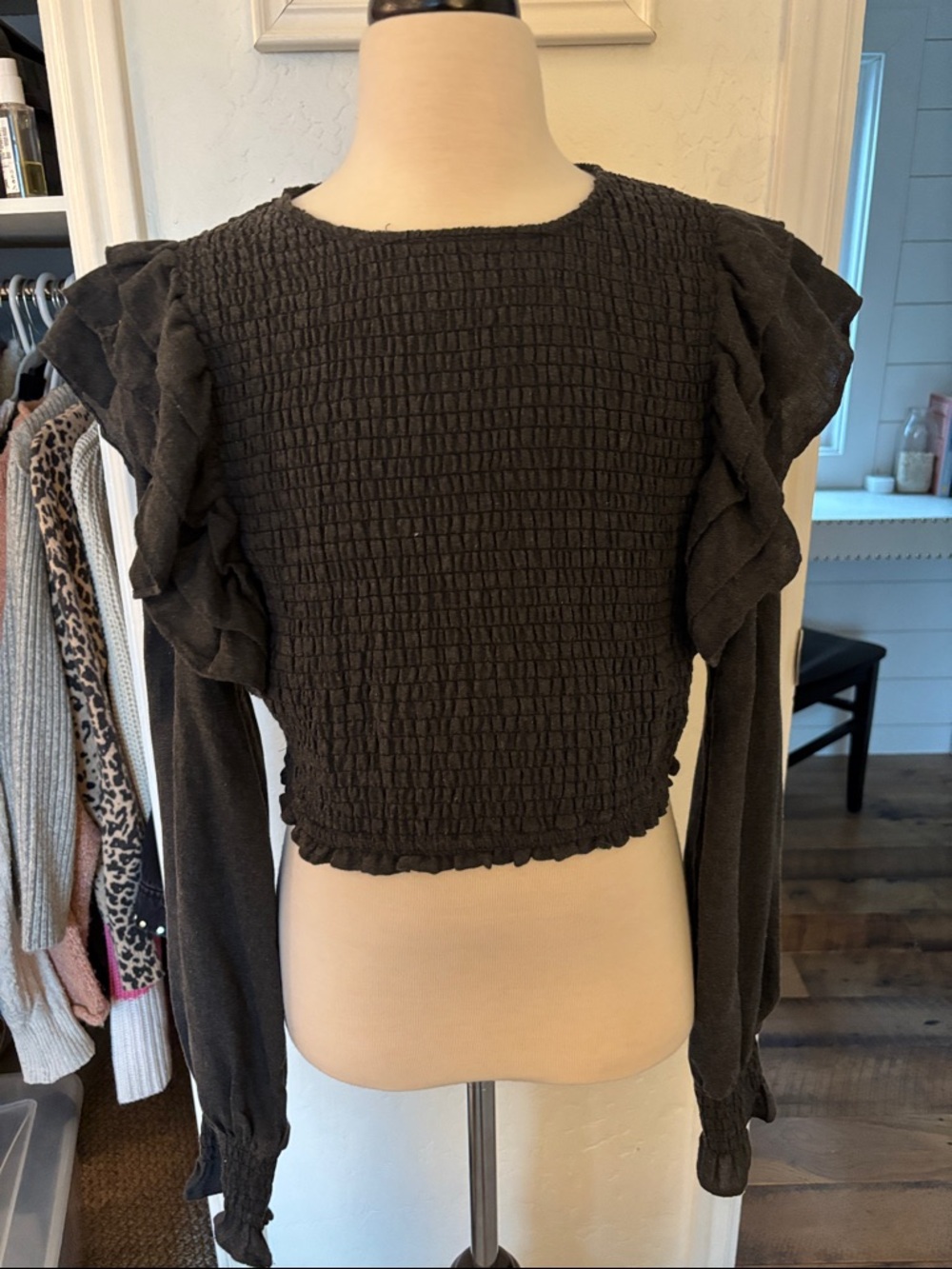 Zara Black Smocked Long-Sleeve Top with Ruffle Shoulders